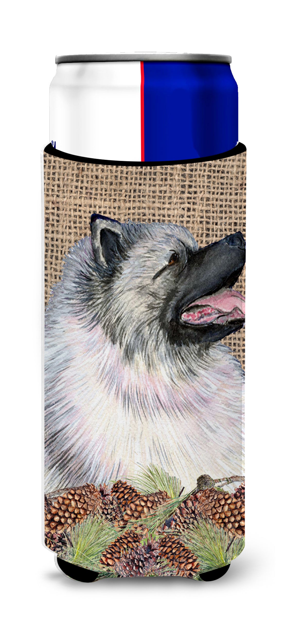 Keeshond on Faux Burlap with Pine Cones Ultra Beverage Insulators for slim cans SS4080MUK.