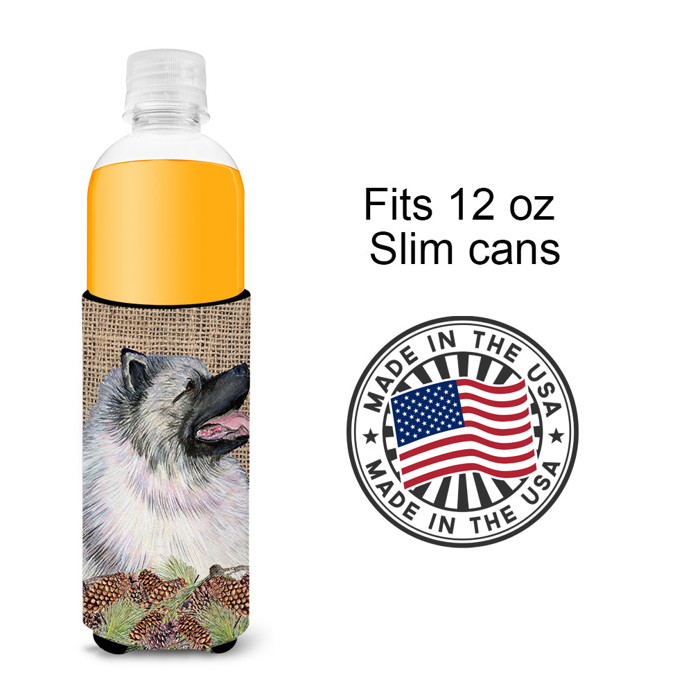 Keeshond on Faux Burlap with Pine Cones Ultra Beverage Insulators for slim cans SS4080MUK