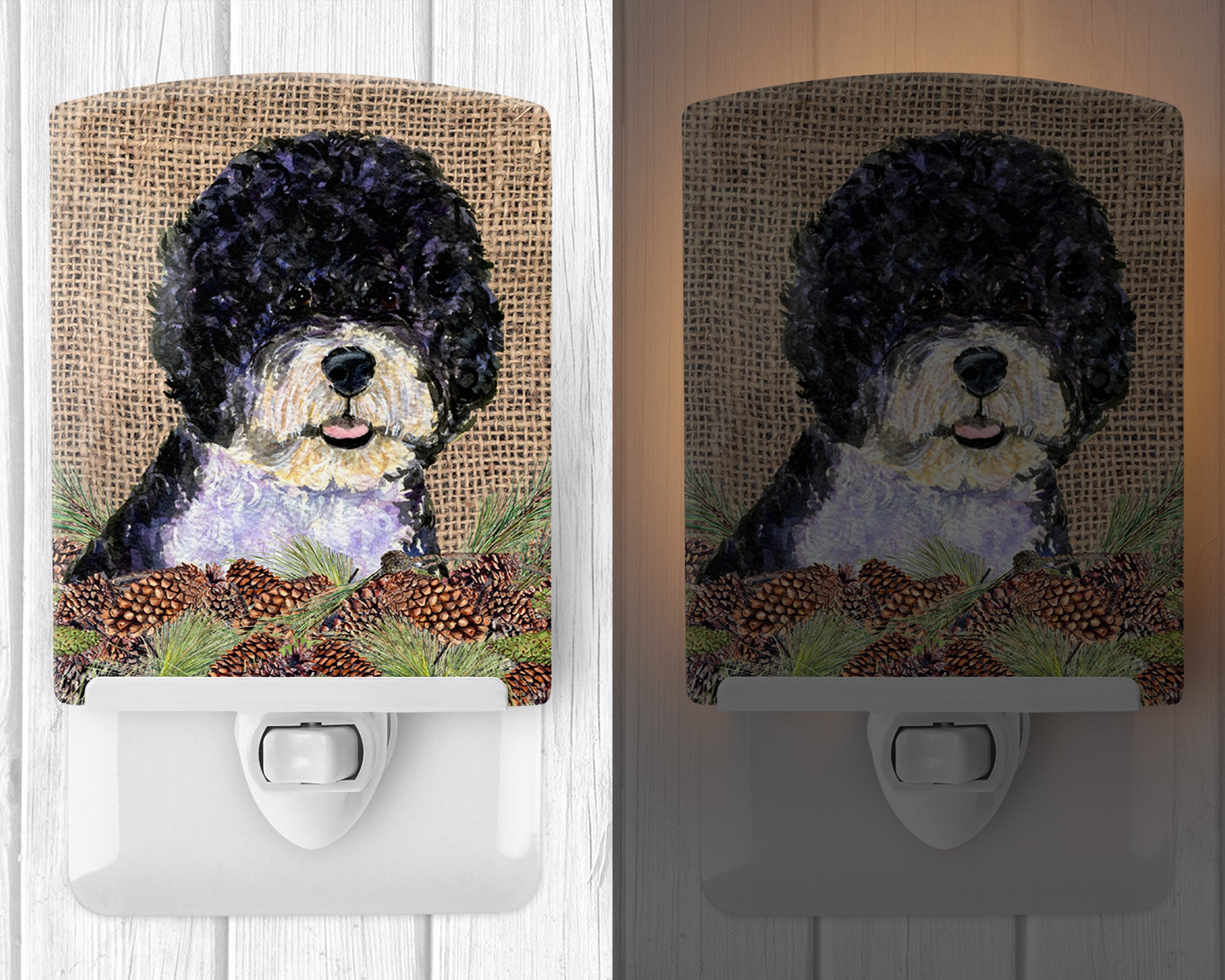 Portuguese Water Dog on Faux Burlap with Pine Cones Ceramic Night Light SS4081CNL - the-store.com