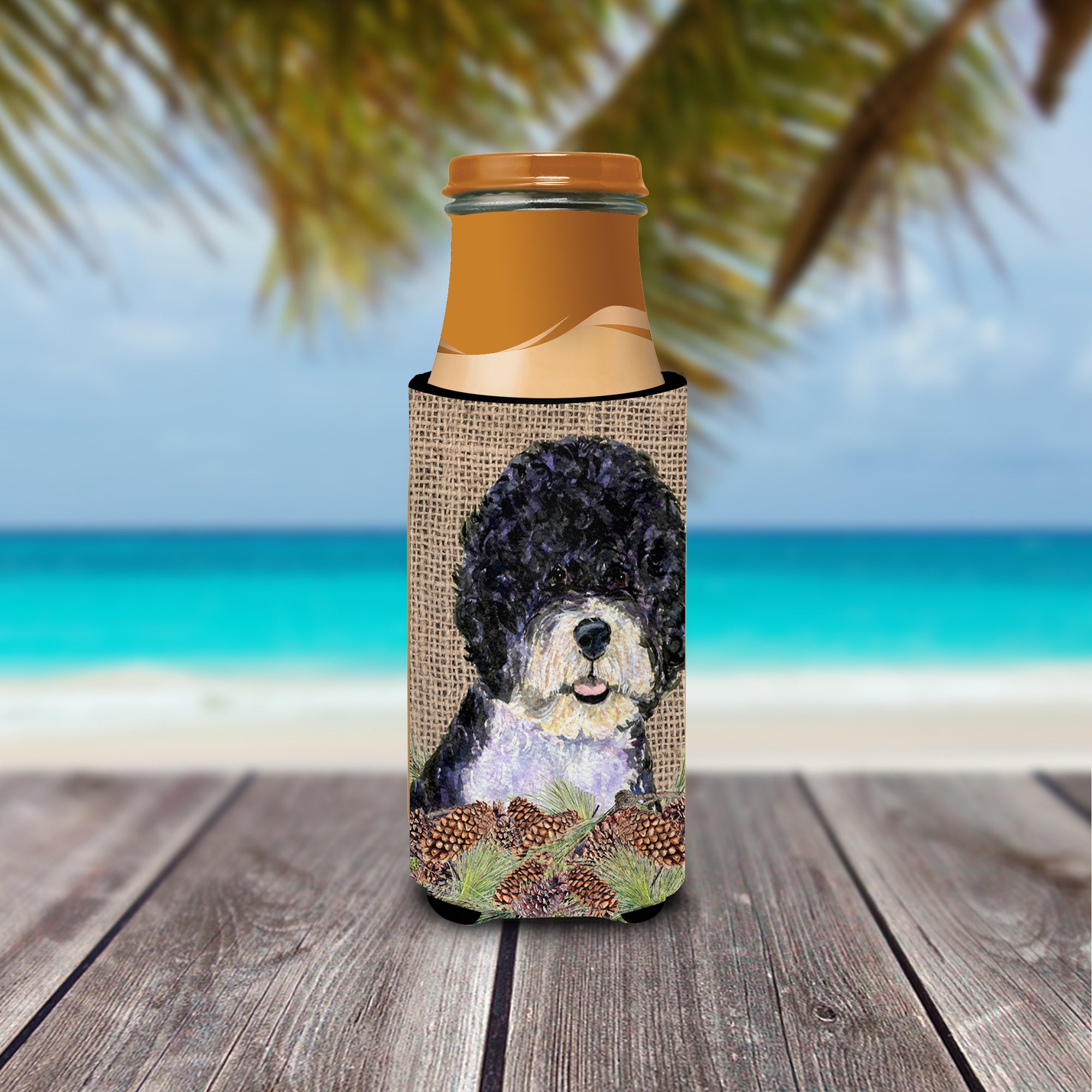 Portuguese Water Dog on Faux Burlap with Pine Cones Ultra Beverage Insulators for slim cans SS4081MUK.