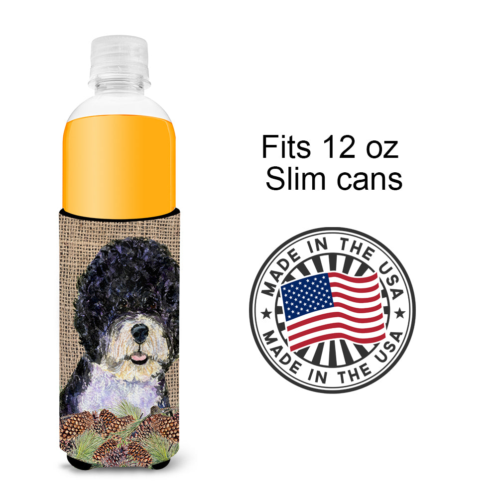 Portuguese Water Dog on Faux Burlap with Pine Cones Ultra Beverage Insulators for slim cans SS4081MUK.