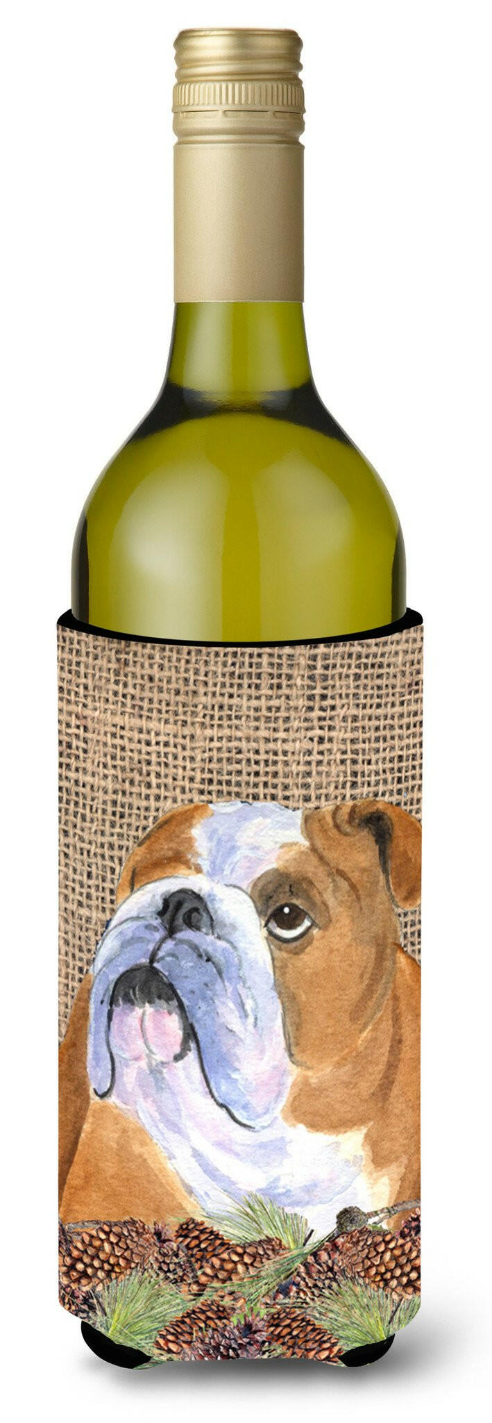 Bulldog English on Faux Burlap Pine Cones Wine Bottle Beverage Insulator Beverage Insulator Hugger by Caroline's Treasures