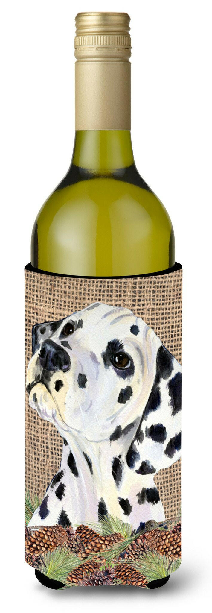 Dalmatian on Faux Burlap with Pine Cones Wine Bottle Beverage Insulator Beverage Insulator Hugger by Caroline&#39;s Treasures