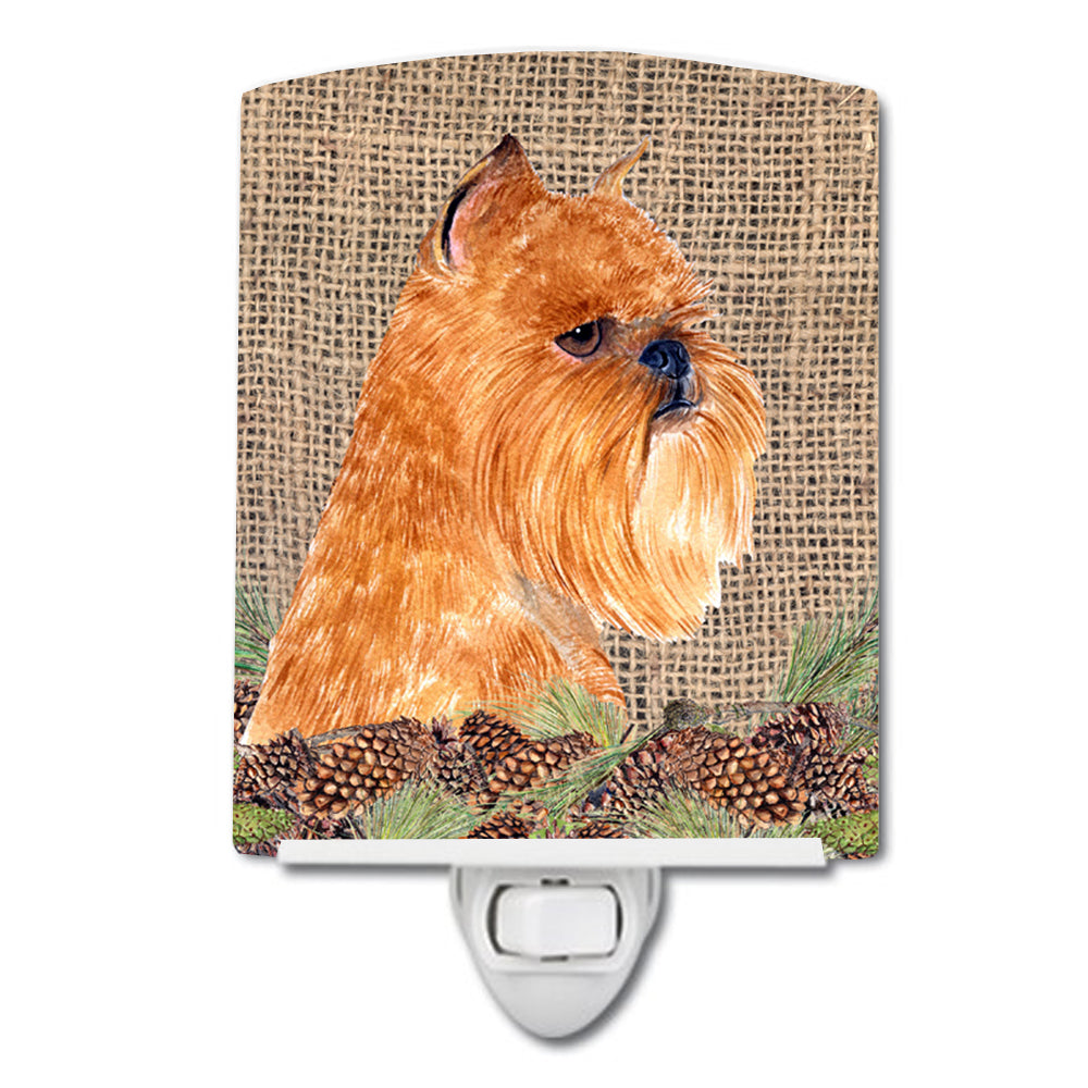 Brussels Griffon on Faux Burlap with Pine Cones Ceramic Night Light SS4084CNL - the-store.com