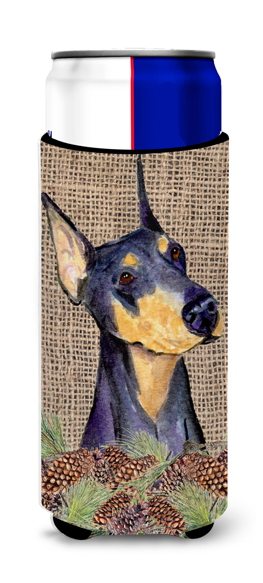 Doberman on Faux Burlap with Pine Cones Ultra Beverage Insulators for slim cans SS4085MUK
