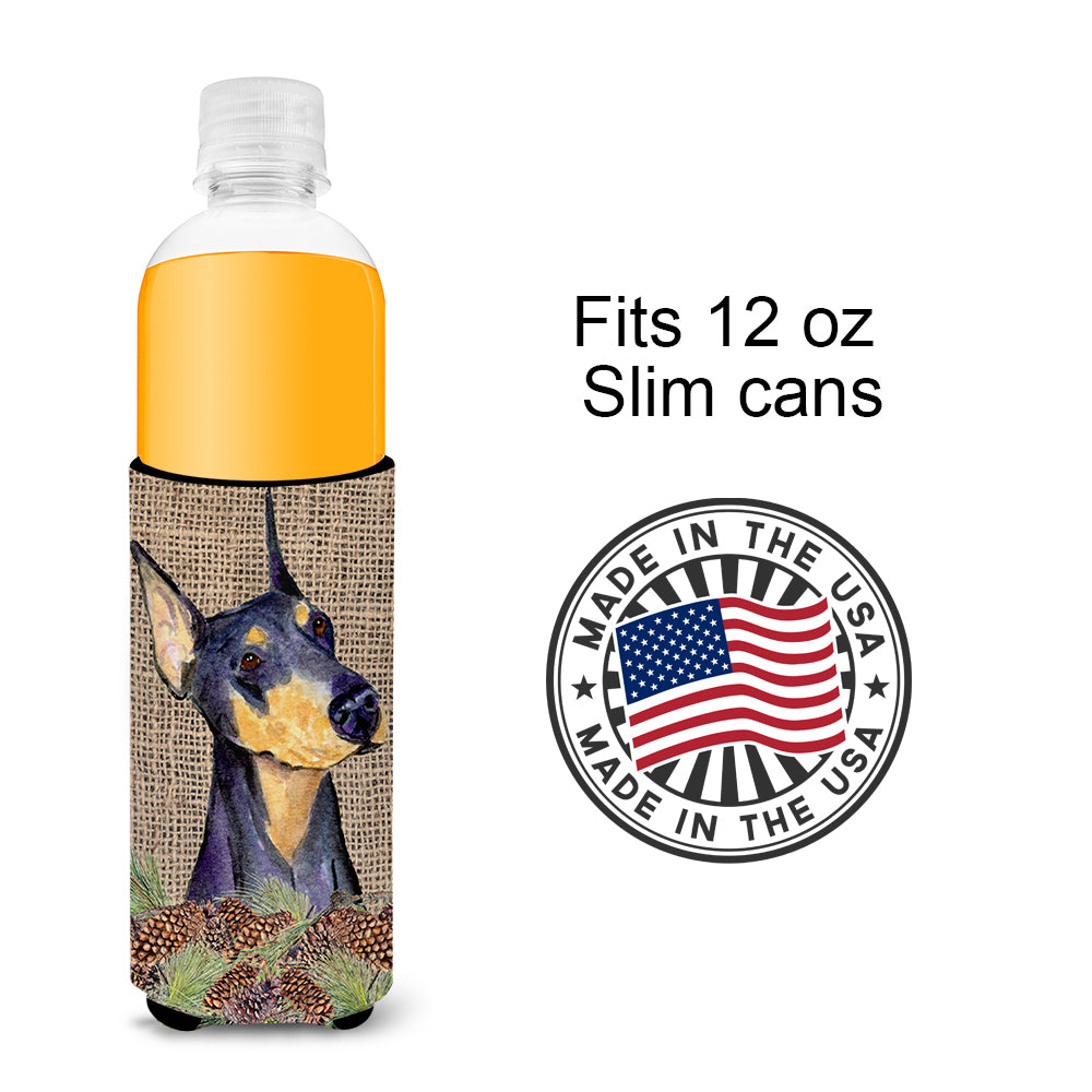 Doberman on Faux Burlap with Pine Cones Ultra Beverage Insulators for slim cans SS4085MUK.
