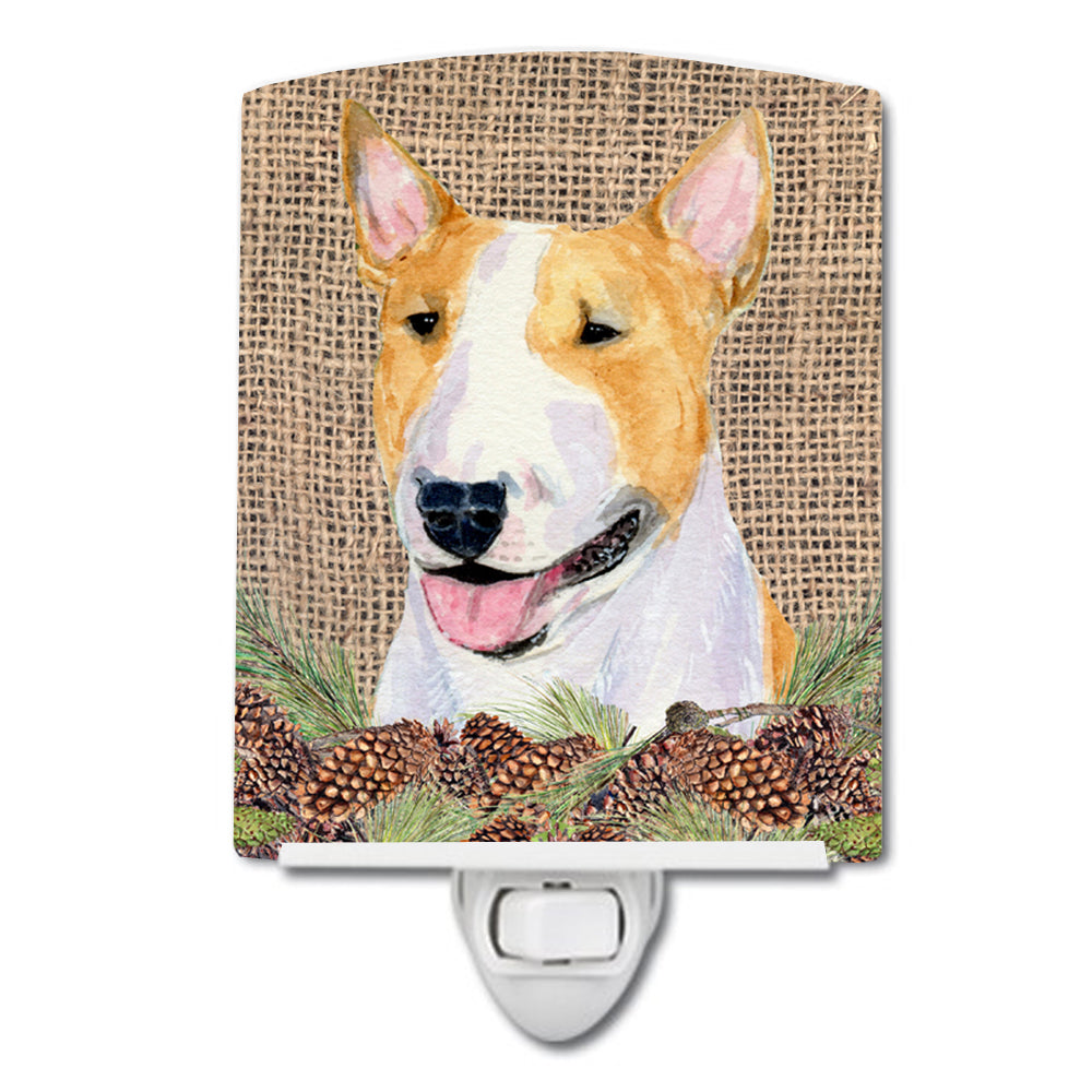 Bull Terrier on Faux Burlap with Pine Cones Ceramic Night Light SS4086CNL - the-store.com