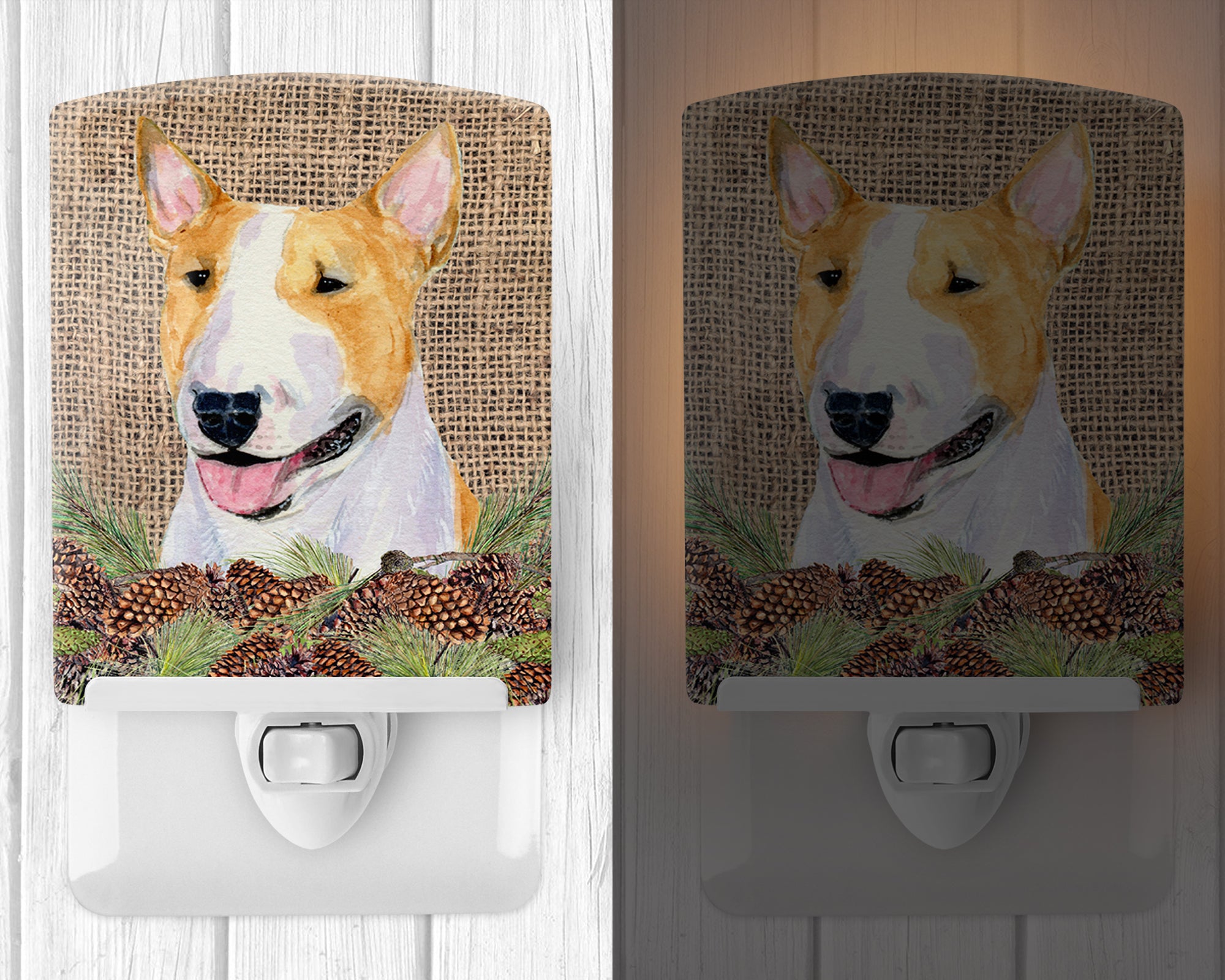 Bull Terrier on Faux Burlap with Pine Cones Ceramic Night Light SS4086CNL - the-store.com