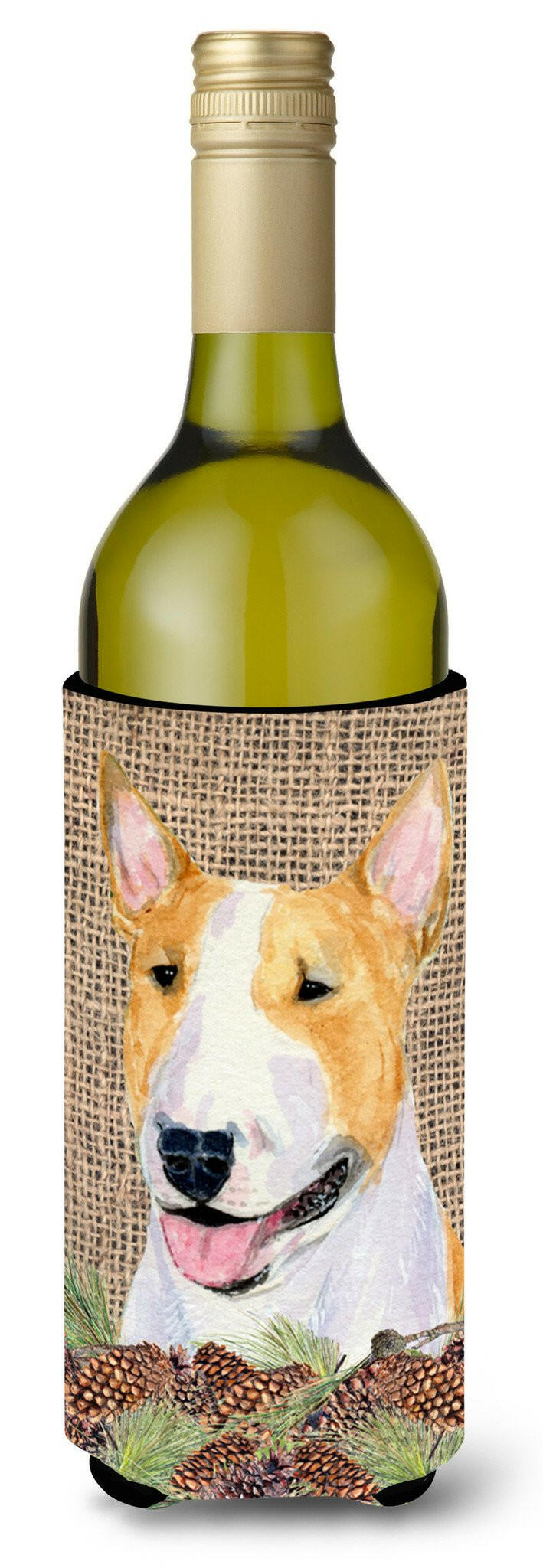 Bull Terrier on Faux Burlap with Pine Cones Wine Bottle Beverage Insulator Beverage Insulator Hugger by Caroline&#39;s Treasures