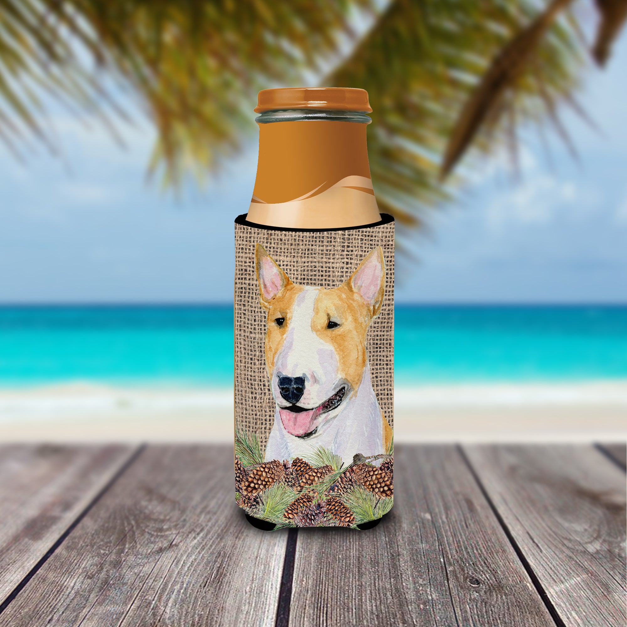 Bull Terrier on Faux Burlap with Pine Cones Ultra Beverage Insulators for slim cans SS4086MUK.