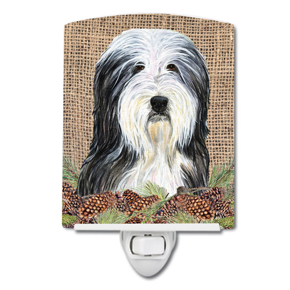 Bearded Collie on Faux Burlap with Pine Cones Ceramic Night Light SS4087CNL - the-store.com