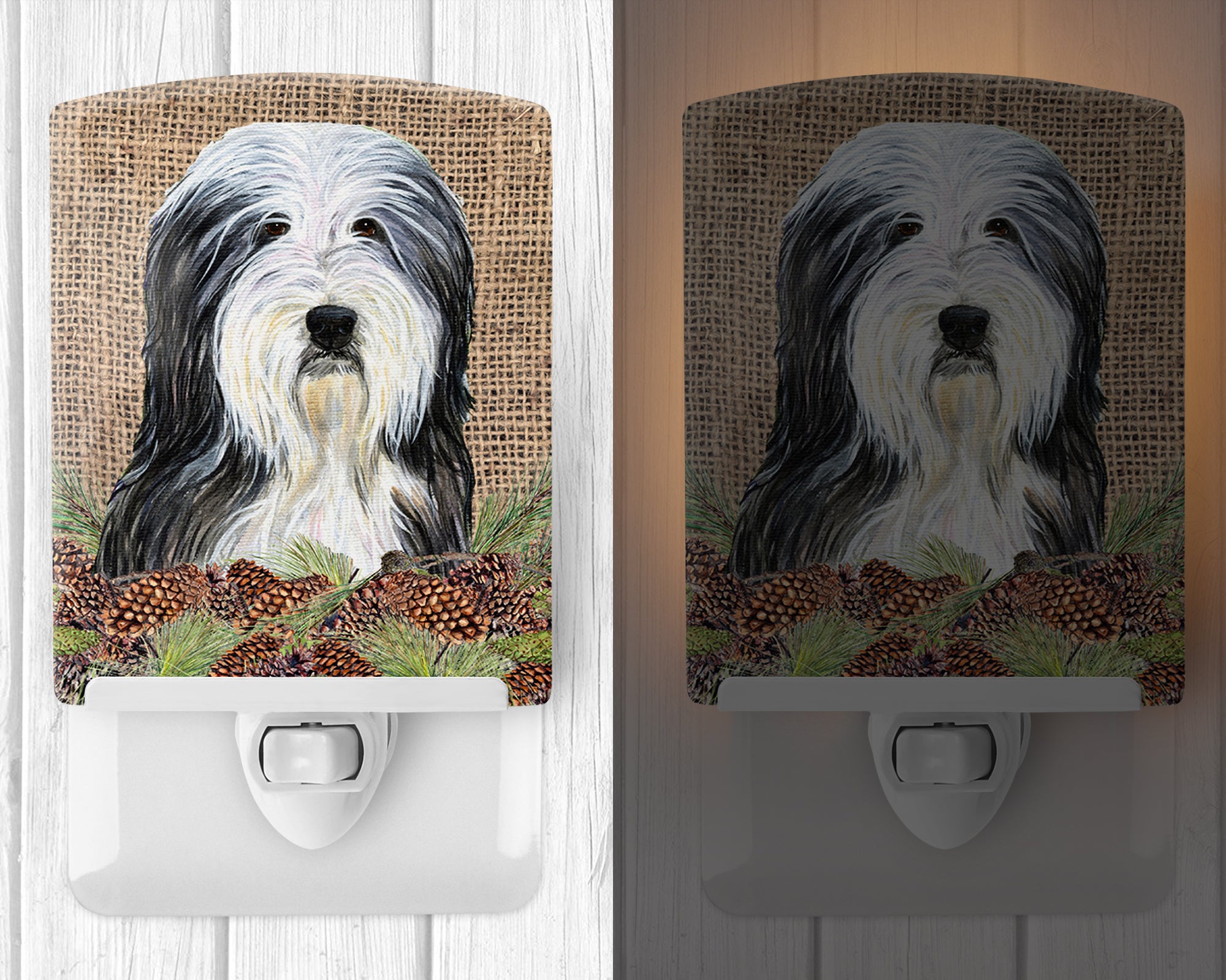 Bearded Collie on Faux Burlap with Pine Cones Ceramic Night Light SS4087CNL - the-store.com