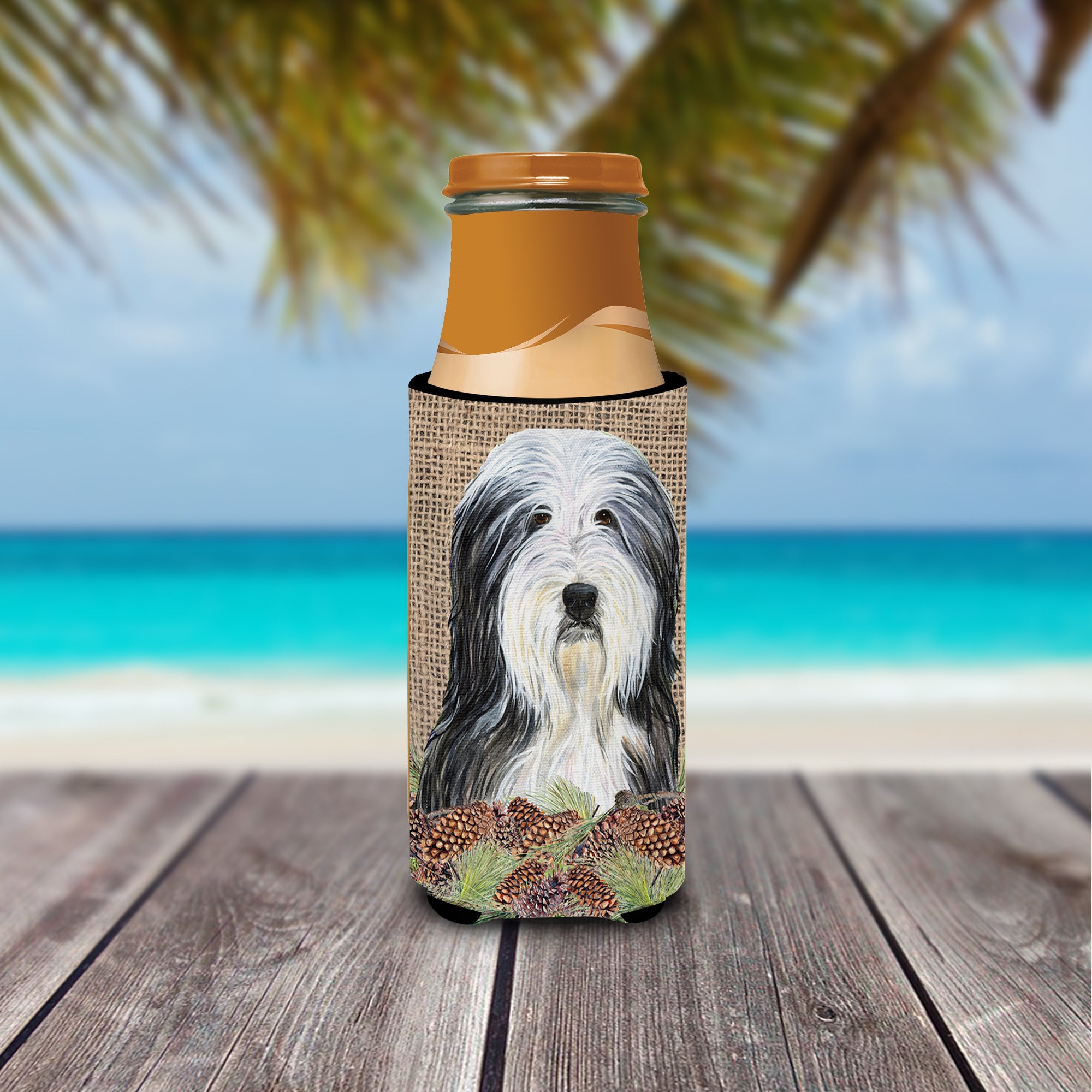Bearded Collie on Faux Burlap with Pine Cones Ultra Beverage Insulators for slim cans SS4087MUK