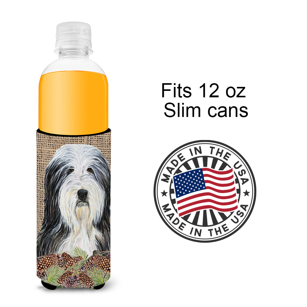 Bearded Collie on Faux Burlap with Pine Cones Ultra Beverage Insulators for slim cans SS4087MUK.