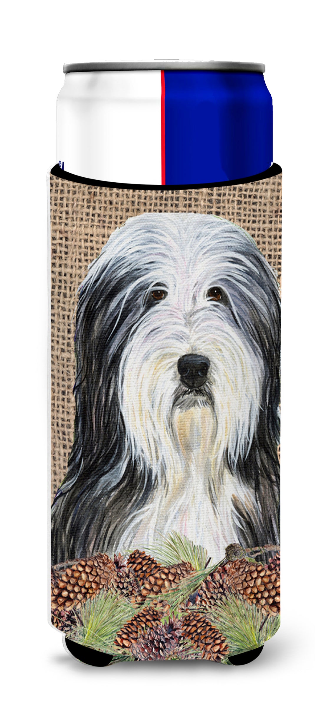 Bearded Collie on Faux Burlap with Pine Cones Ultra Beverage Insulators for slim cans SS4087MUK.