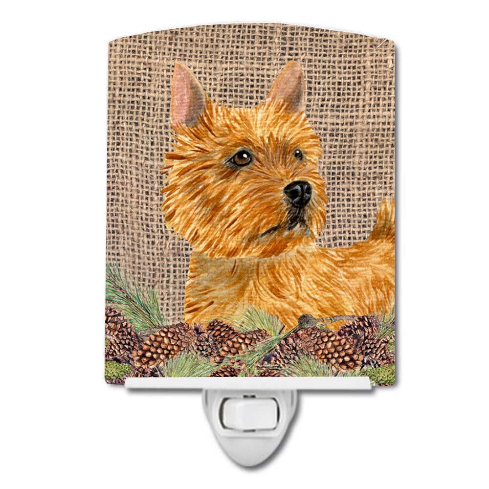 Norwich Terrier on Faux Burlap with Pine Cones Ceramic Night Light SS4088CNL - the-store.com