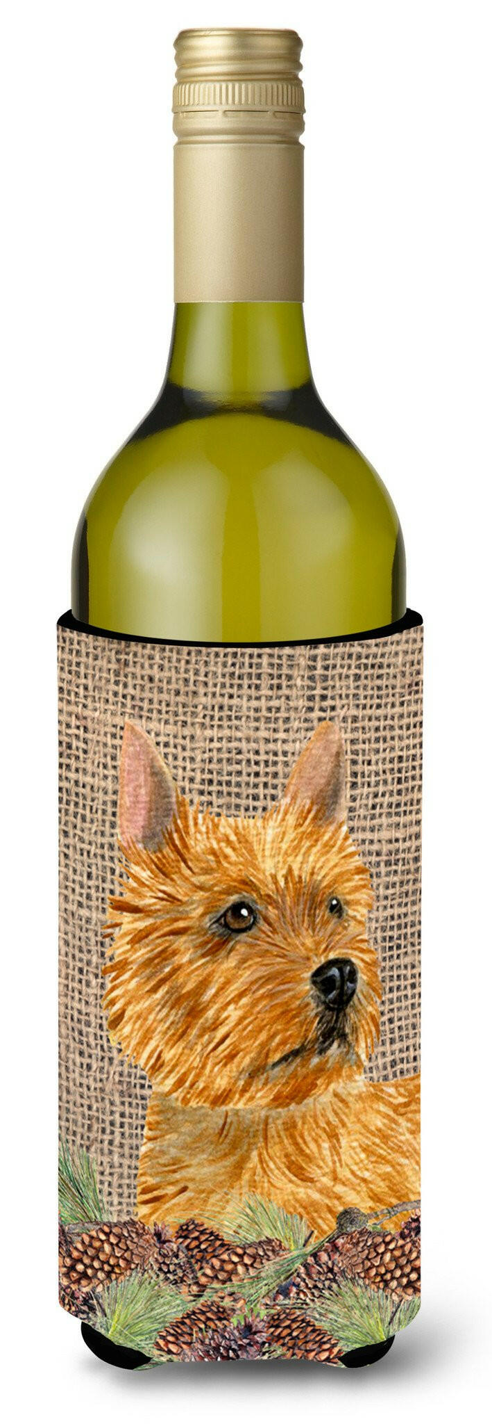 Norwich Terrier on Faux Burlap with Pine Cones Wine Bottle Beverage Insulator Beverage Insulator Hugger by Caroline&#39;s Treasures
