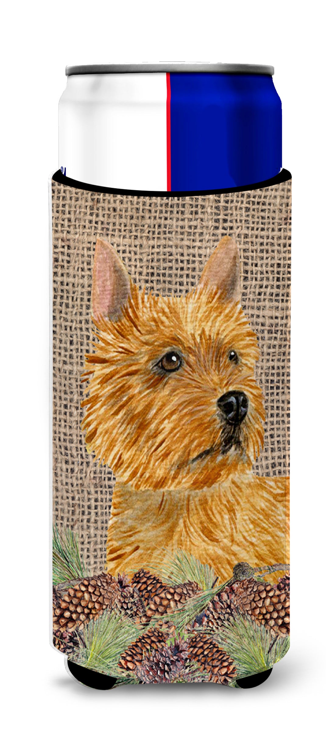 Norwich Terrier on Faux Burlap with Pine Cones Ultra Beverage Insulators for slim cans SS4088MUK