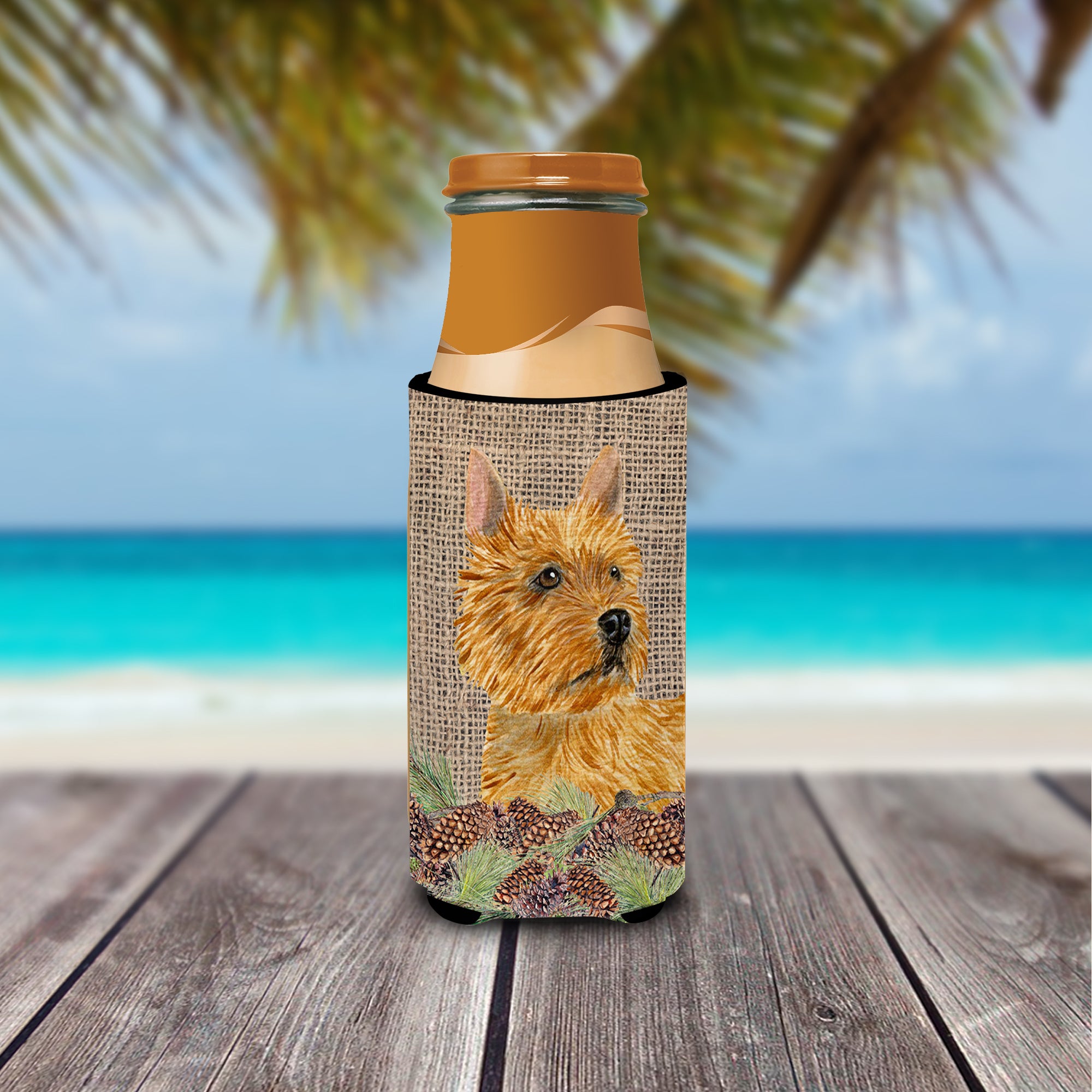 Norwich Terrier on Faux Burlap with Pine Cones Ultra Beverage Insulators for slim cans SS4088MUK.