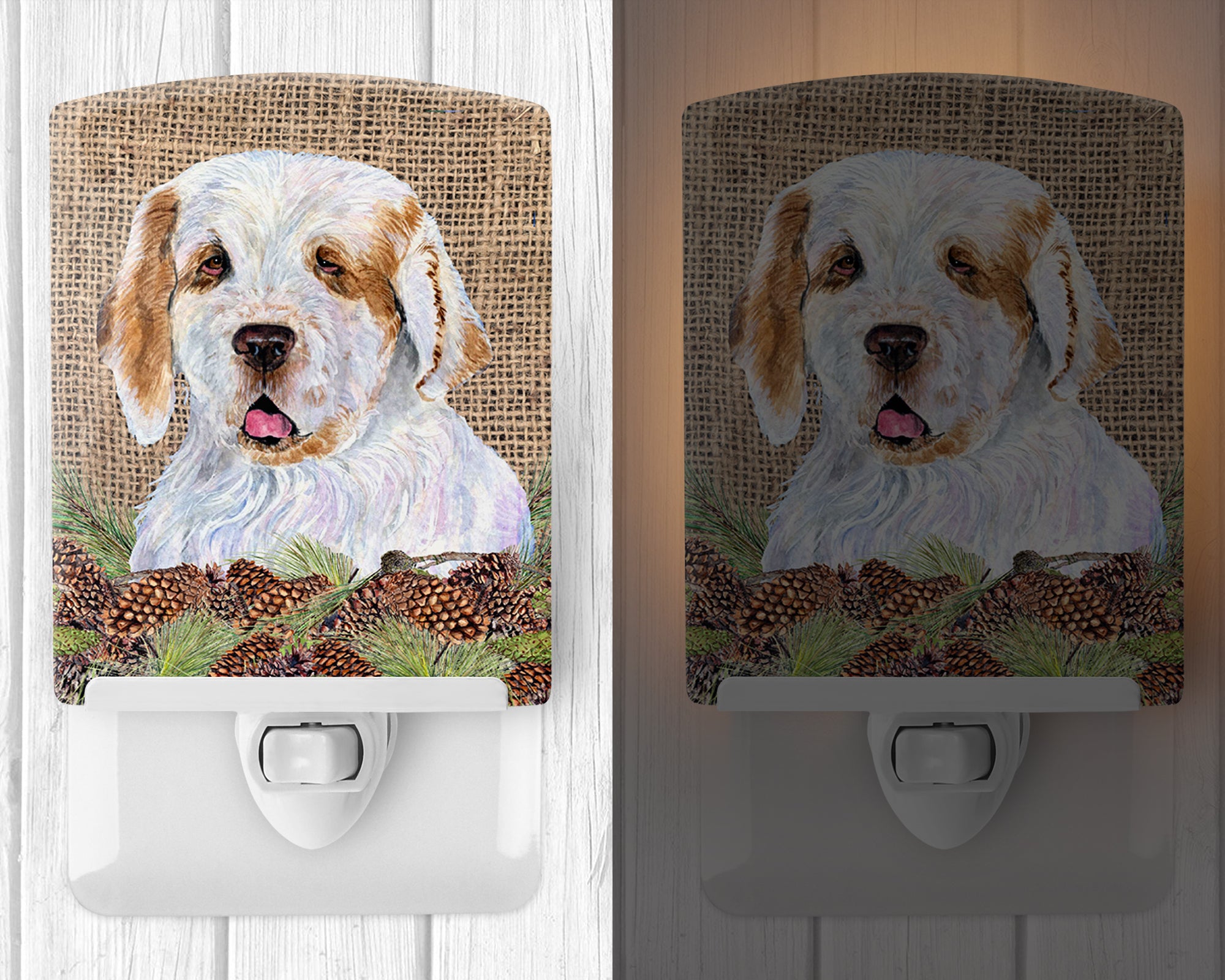 Clumber Spaniel on Faux Burlap with Pine Cones Ceramic Night Light SS4089CNL - the-store.com