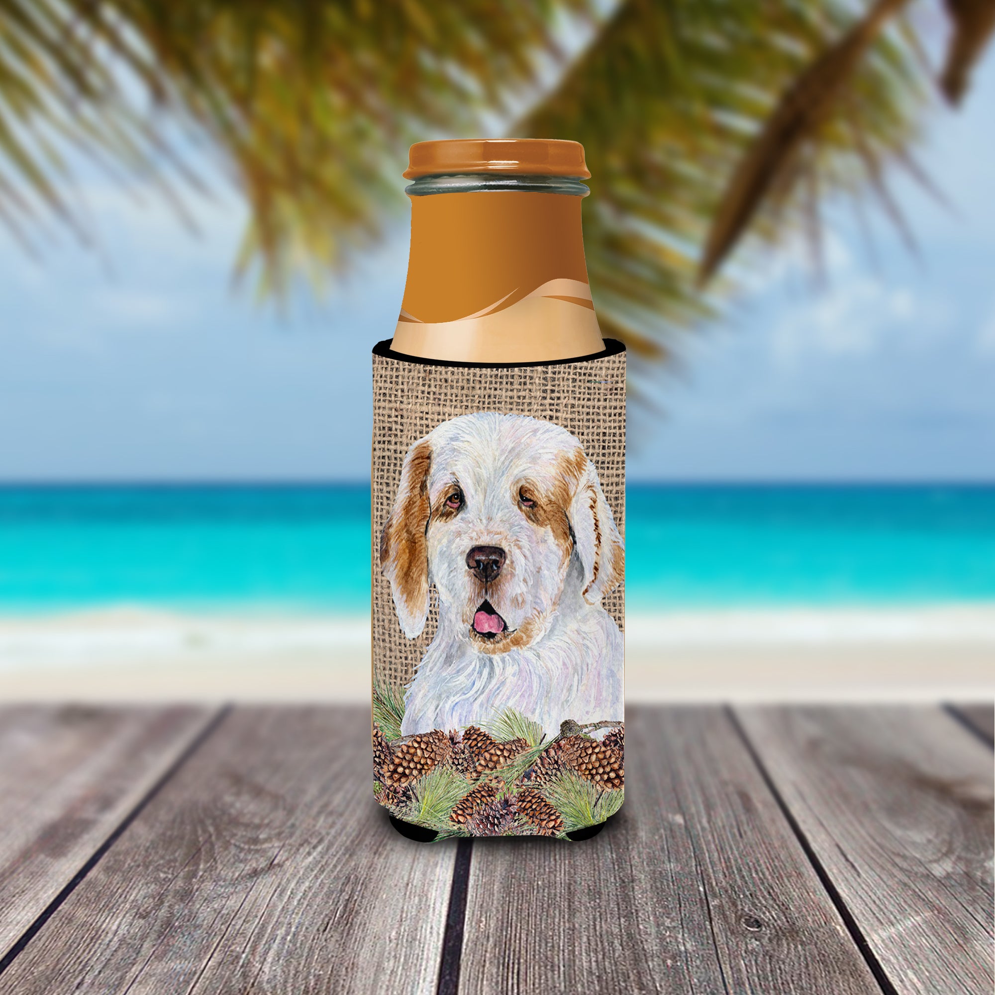 Clumber Spaniel on Faux Burlap with Pine Cones Ultra Beverage Insulators for slim cans SS4089MUK.