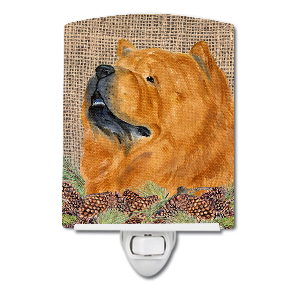 Chow Chow on Faux Burlap with Pine Cones Ceramic Night Light SS4091CNL - the-store.com