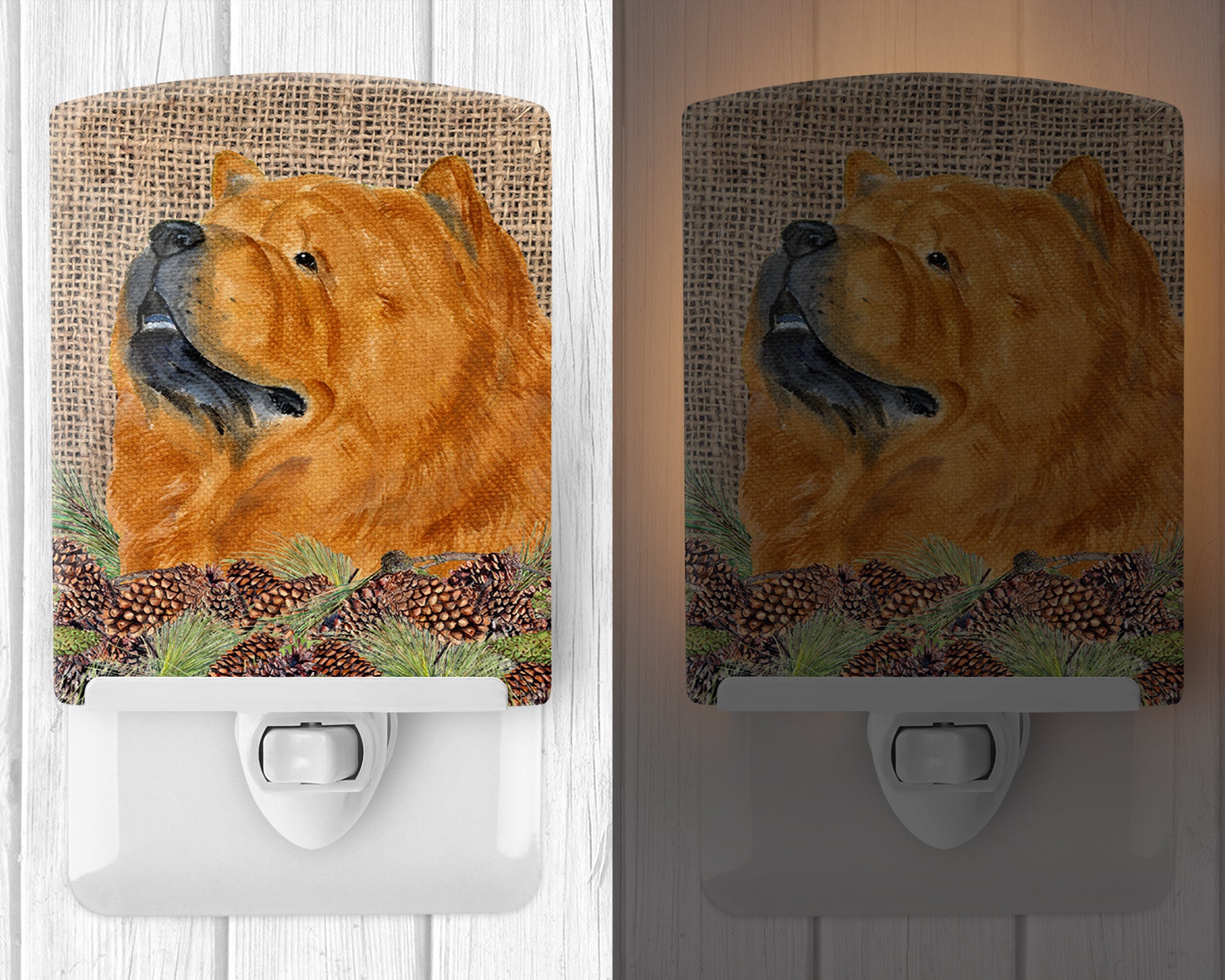 Chow Chow on Faux Burlap with Pine Cones Ceramic Night Light SS4091CNL - the-store.com
