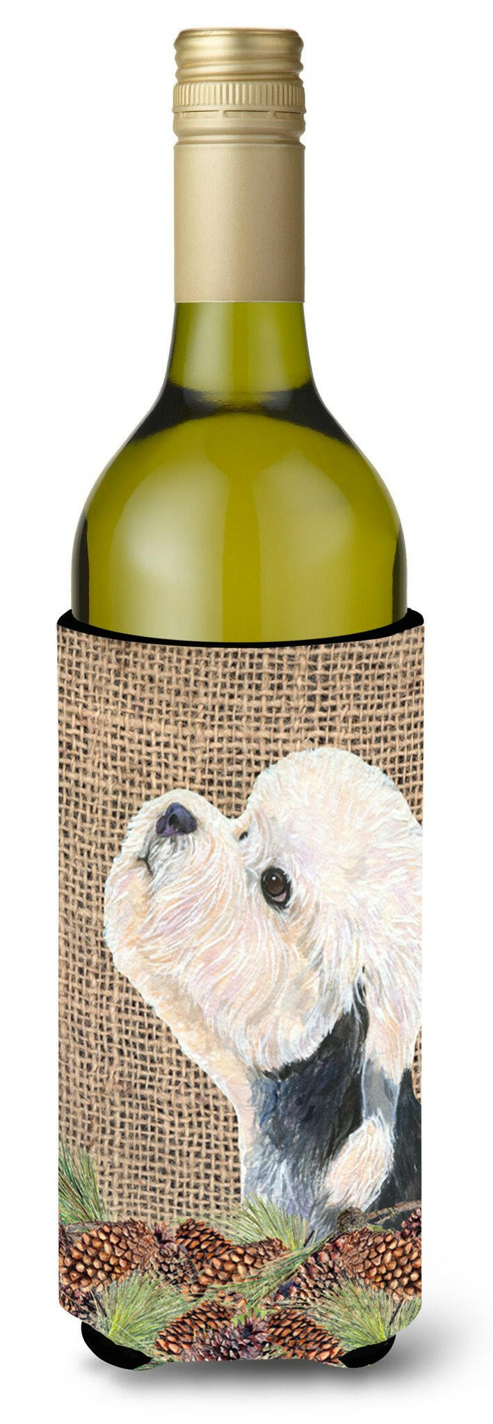 Dandie Dinmont Terrier on Faux Burlap with Pine Cones Wine Bottle Beverage Insulator Beverage Insulator Hugger by Caroline&#39;s Treasures
