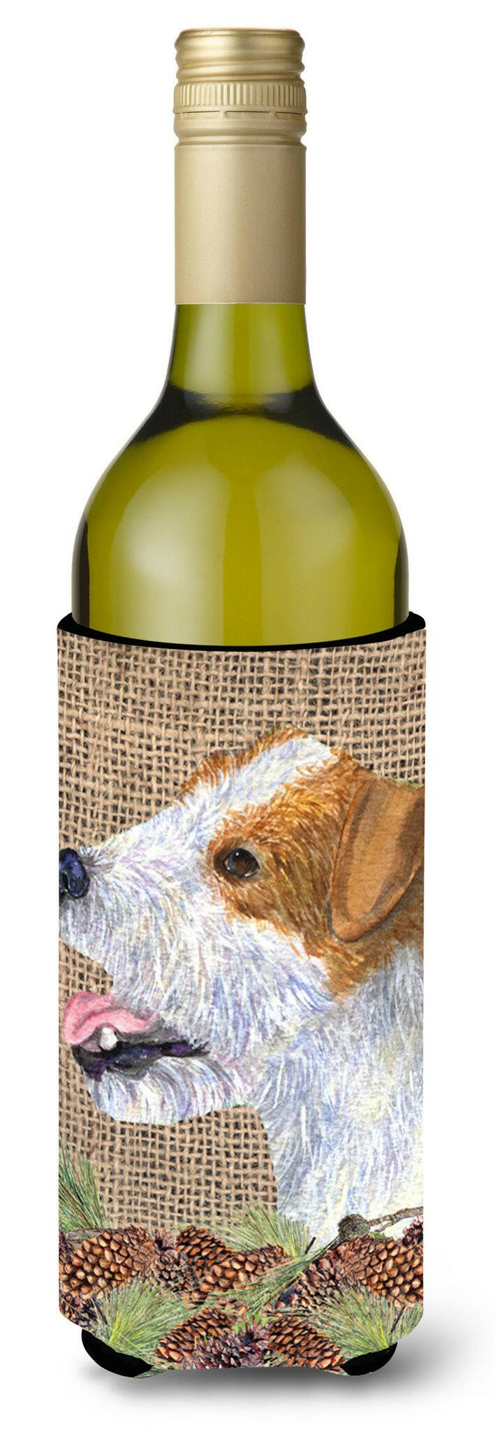 Jack Russell Terrier on Faux Burlap with Pine Cones Wine Bottle Beverage Insulator Beverage Insulator Hugger by Caroline&#39;s Treasures
