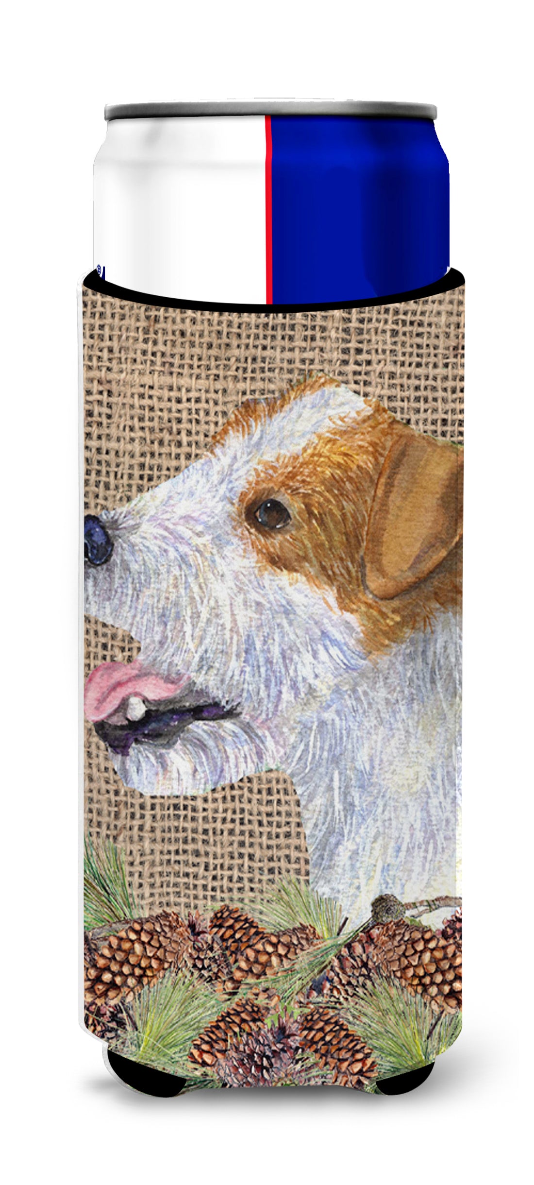 Jack Russell Terrier on Faux Burlap with Pine Cones Ultra Beverage Insulators for slim cans SS4093MUK