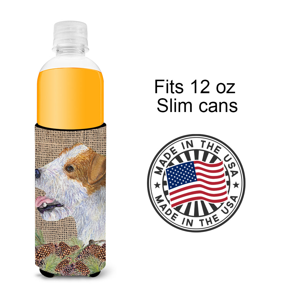 Jack Russell Terrier sur fausse toile de jute avec cônes de pin Ultra Beverage Isolateurs pour canettes minces SS4093MUK
