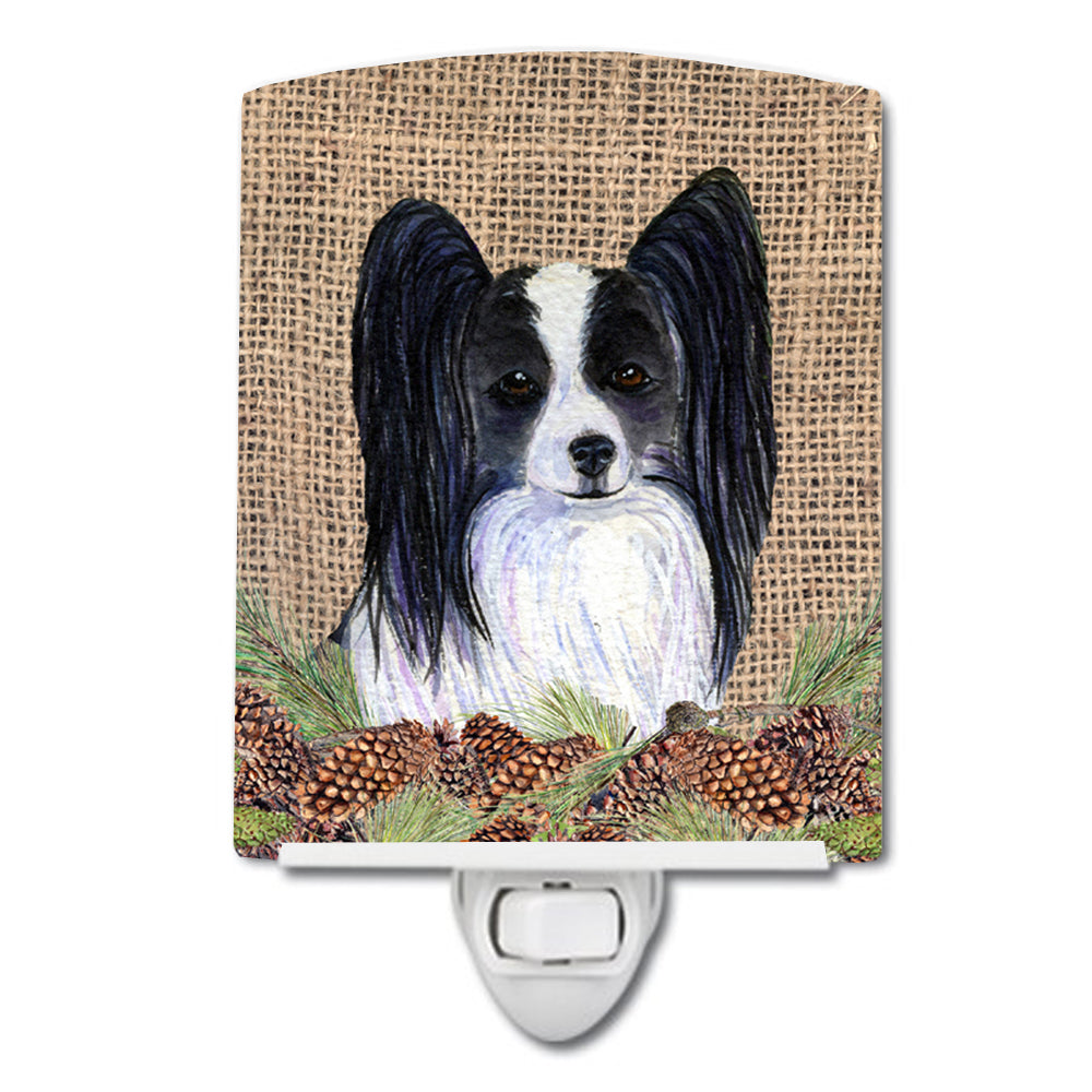 Papillon on Faux Burlap with Pine Cones Ceramic Night Light SS4094CNL - the-store.com