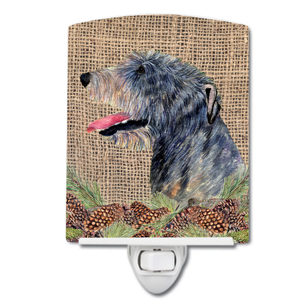 Irish Wolfhound on Faux Burlap with Pine Cones Ceramic Night Light SS4095CNL - the-store.com