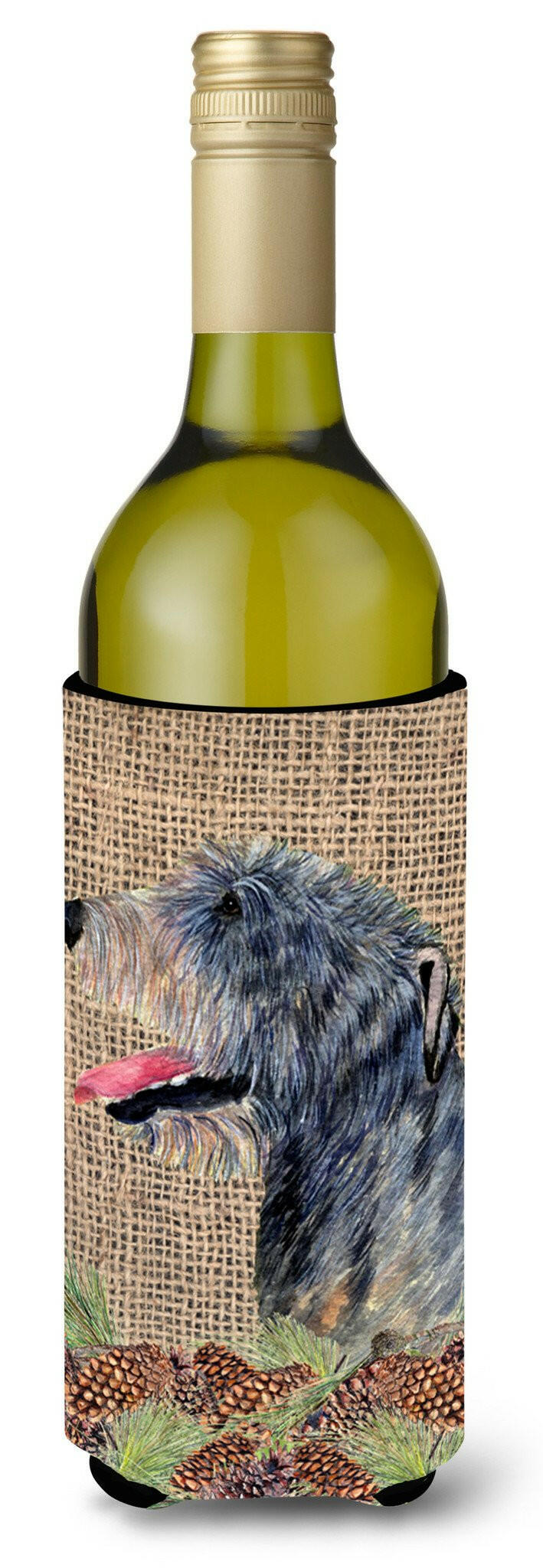 Irish Wolfhound on Faux Burlap with Pine Cones Wine Bottle Beverage Insulator Beverage Insulator Hugger by Caroline&#39;s Treasures