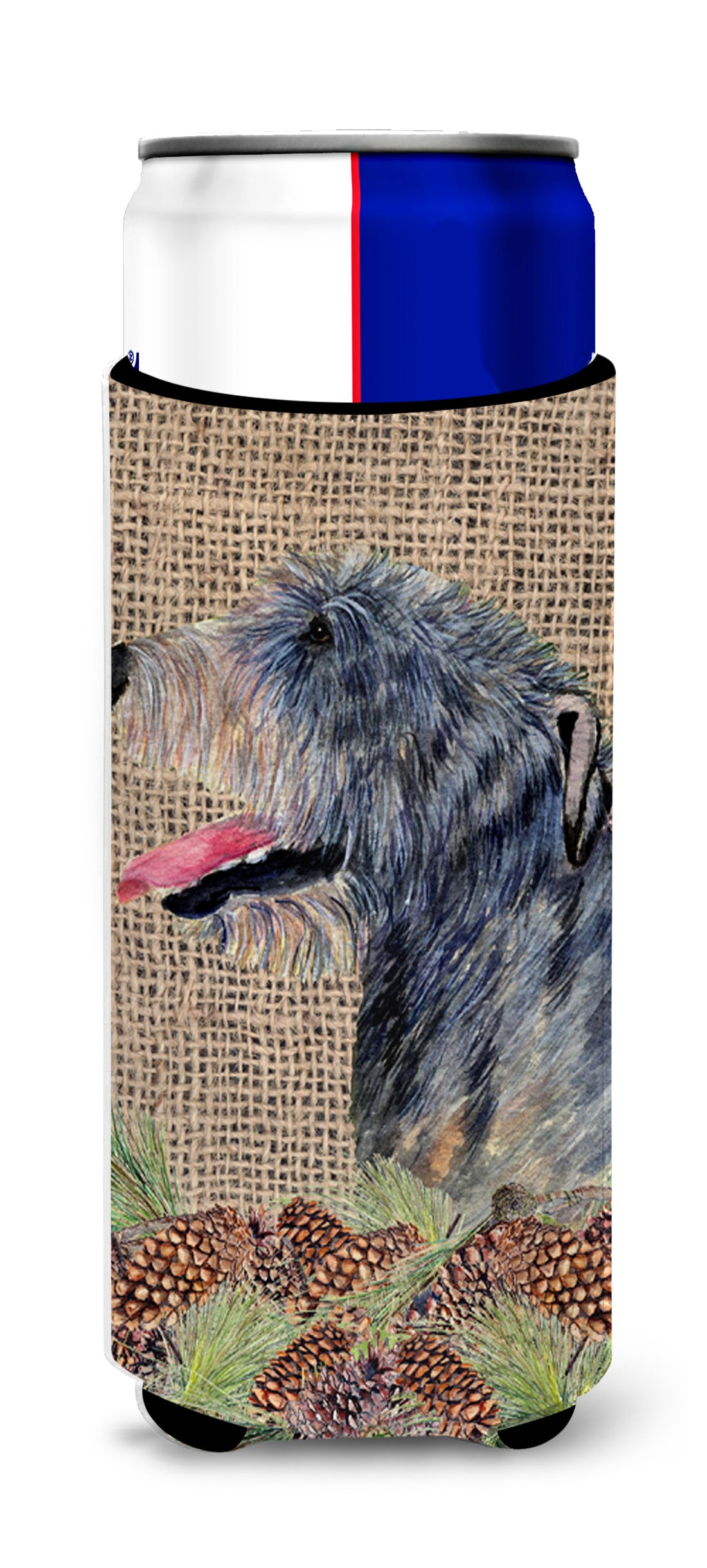 Irish Wolfhound on Faux Burlap with Pine Cones Ultra Beverage Insulators for slim cans SS4095MUK.