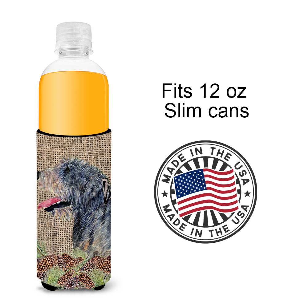 Irish Wolfhound on Faux Burlap with Pine Cones Ultra Beverage Insulators for slim cans SS4095MUK.