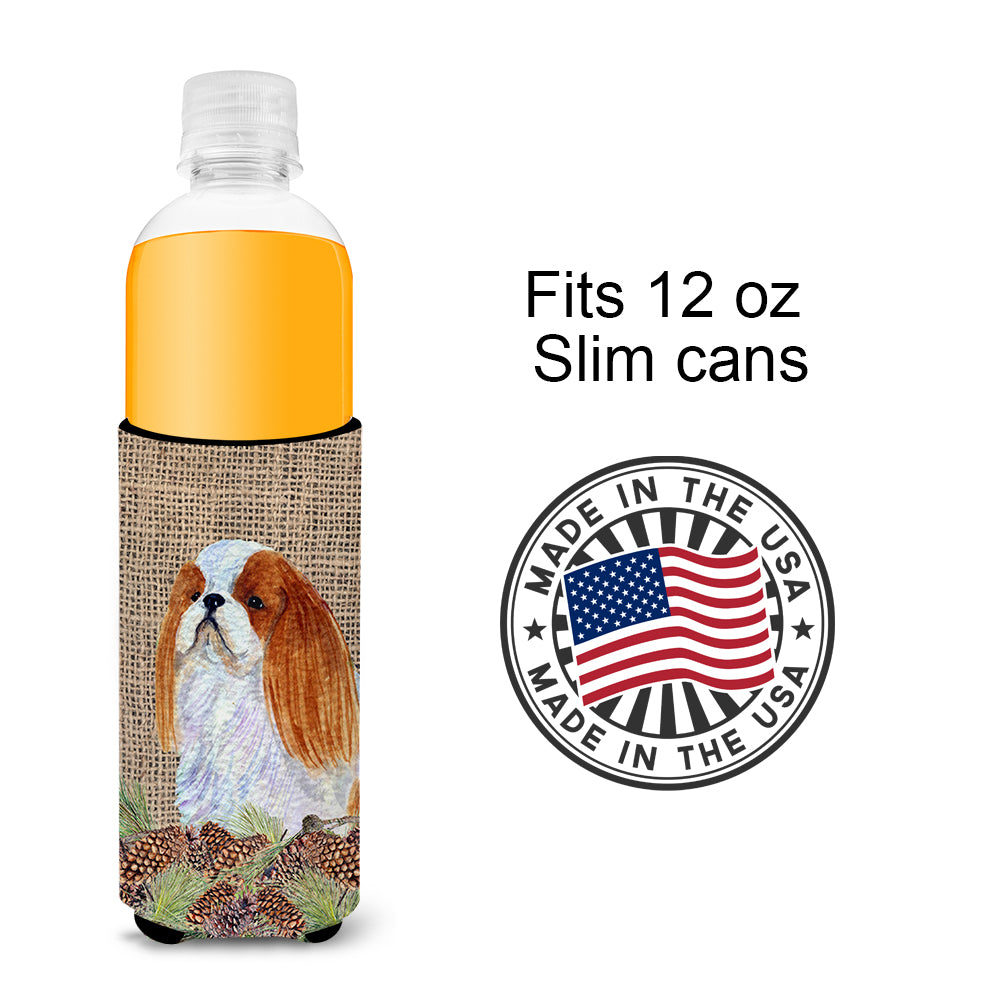 English Toy Spaniel on Faux Burlap with Pine Cones Ultra Beverage Insulators for slim cans SS4096MUK.