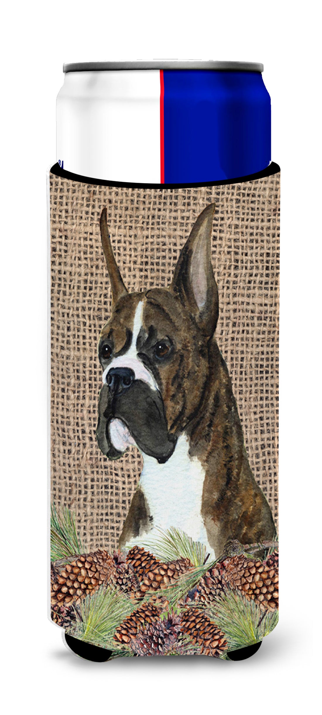 Brindle Boxer on Faux Burlap with Pine Cones Ultra Beverage Insulators for slim cans SS4097MUK