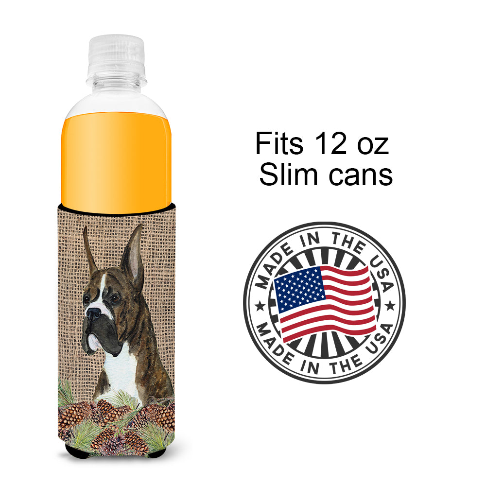 Brindle Boxer on Faux Burlap with Pine Cones Ultra Beverage Insulators for slim cans SS4097MUK.