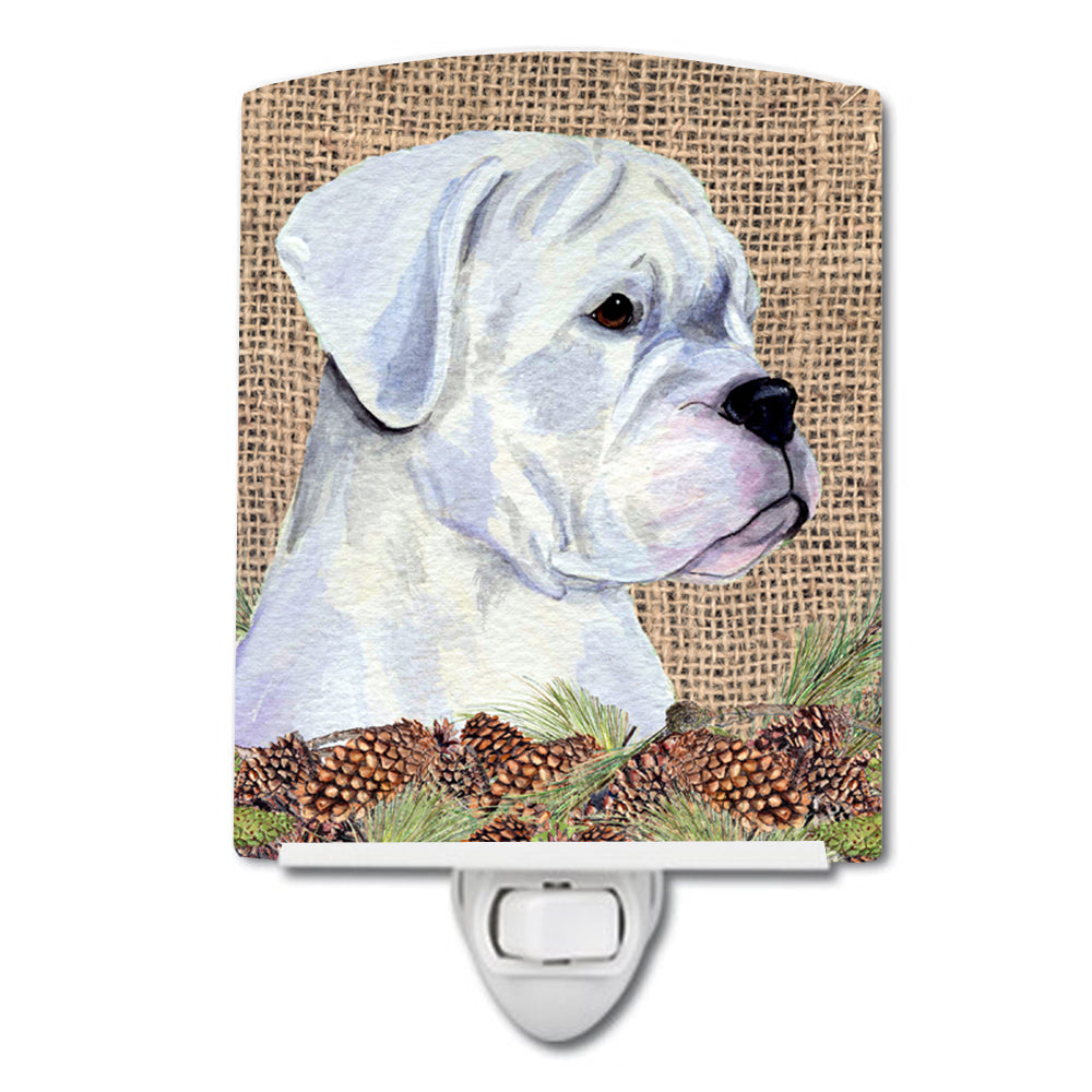 White Boxer on Faux Burlap with Pine Cones Ceramic Night Light SS4098CNL - the-store.com