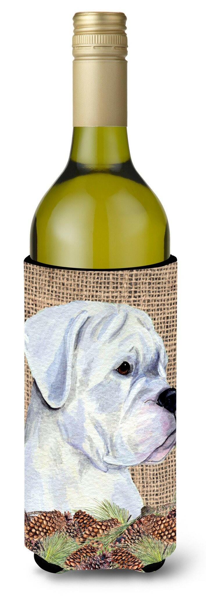 White Boxer on Faux Burlap with Pine Cones Wine Bottle Beverage Insulator Beverage Insulator Hugger by Caroline&#39;s Treasures