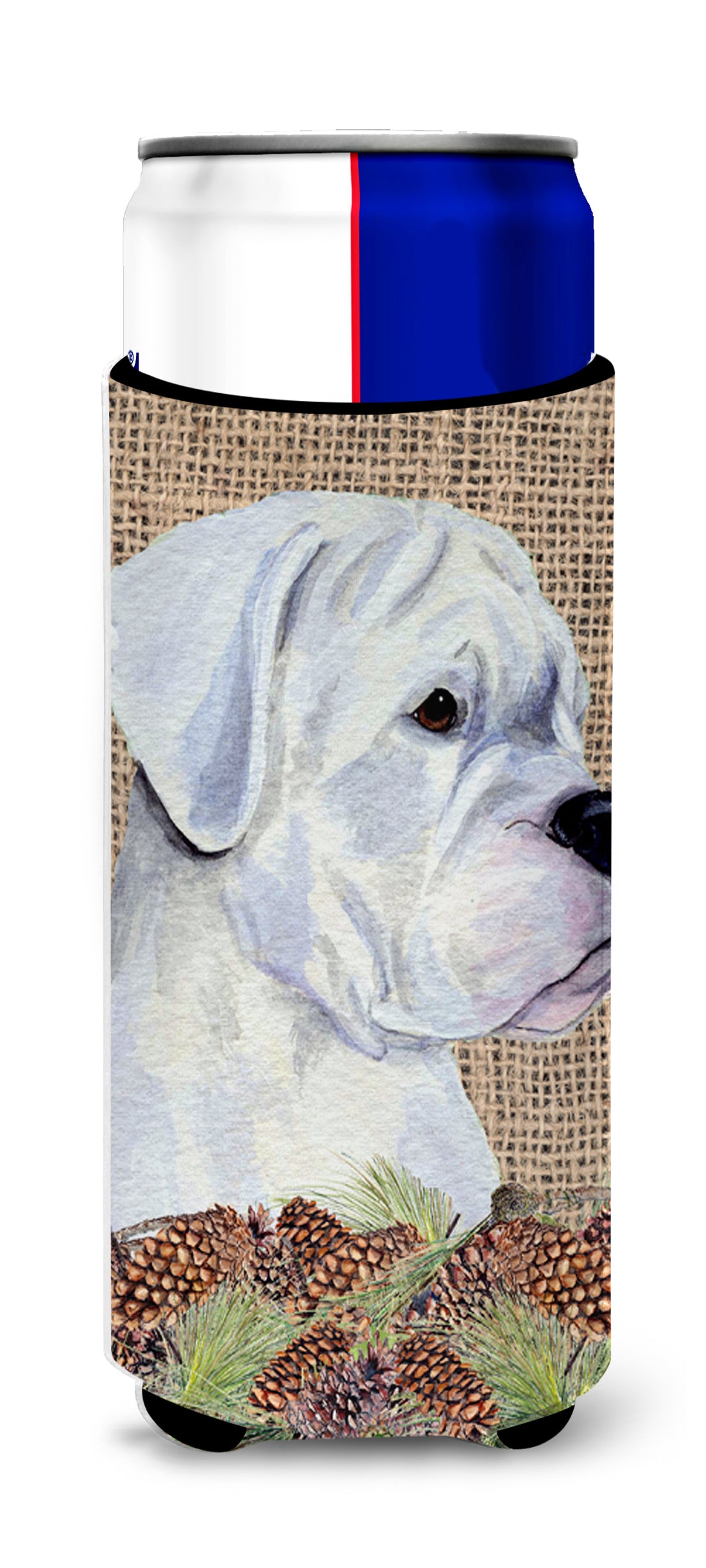 White Boxer on Faux Burlap with Pine Cones Ultra Beverage Insulators for slim cans SS4098MUK