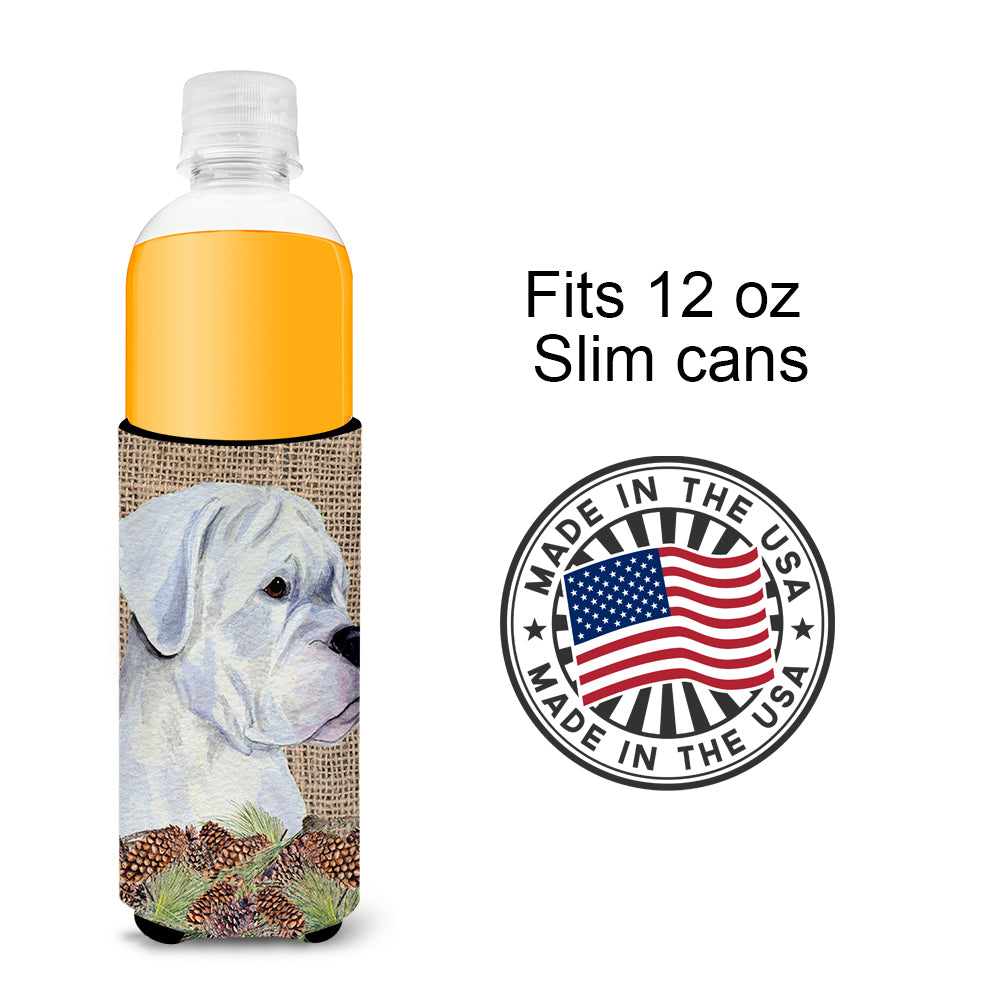 White Boxer on Faux Burlap with Pine Cones Ultra Beverage Insulators for slim cans SS4098MUK.