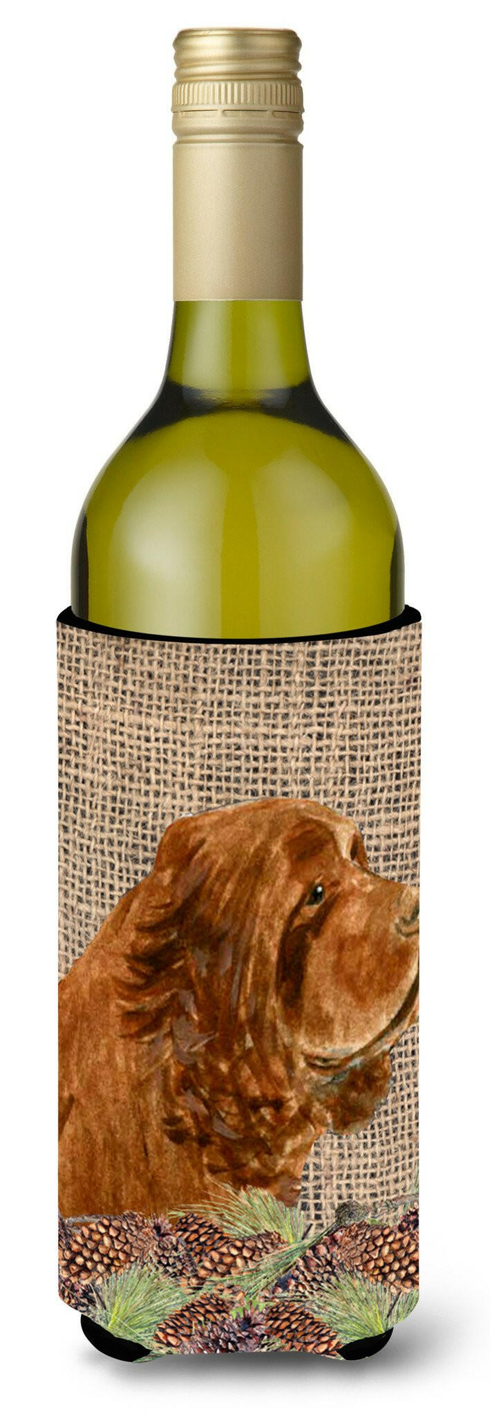 Sussex Spaniel on Faux Burlap with Pine Cones Wine Bottle Beverage Insulator Beverage Insulator Hugger by Caroline's Treasures
