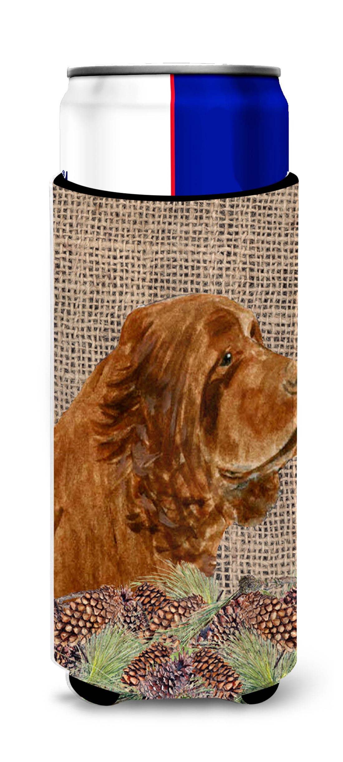 Sussex Spaniel on Faux Burlap with Pine Cones Ultra Beverage Insulators for slim cans SS4099MUK.