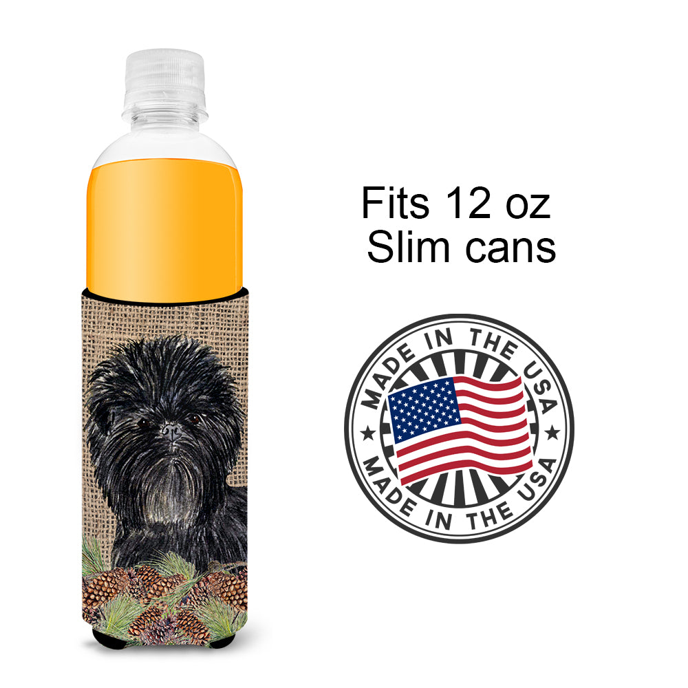 Affenpinscher on Faux Burlap with Pine Cones Ultra Beverage Insulators for slim cans SS4100MUK.