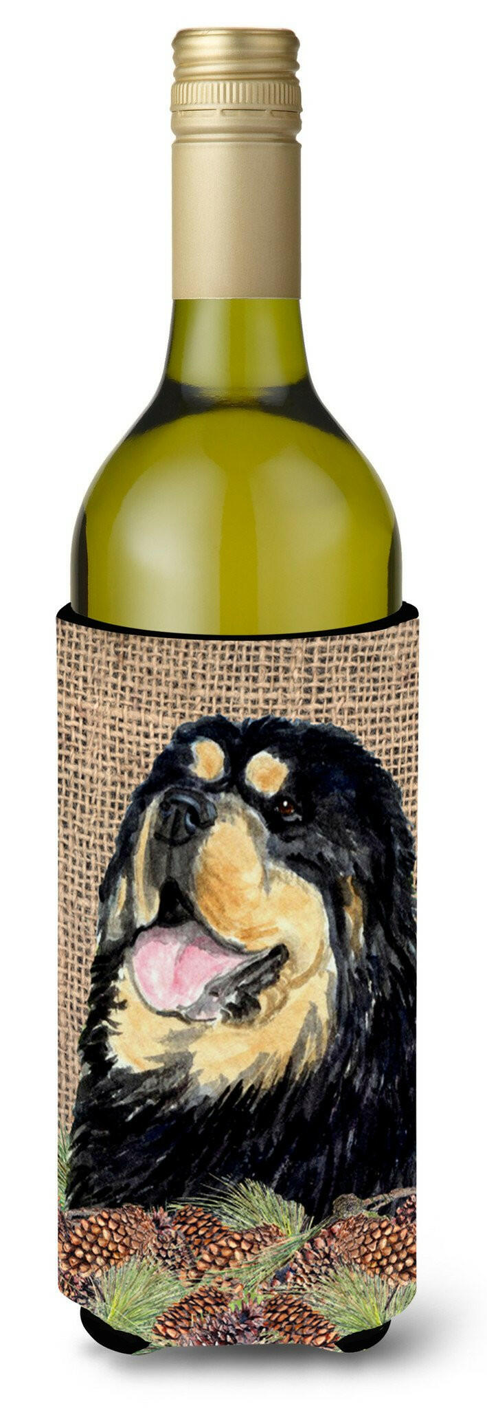 Tibetan Mastiff on Faux Burlap with Pine Cones Wine Bottle Beverage Insulator Beverage Insulator Hugger by Caroline's Treasures