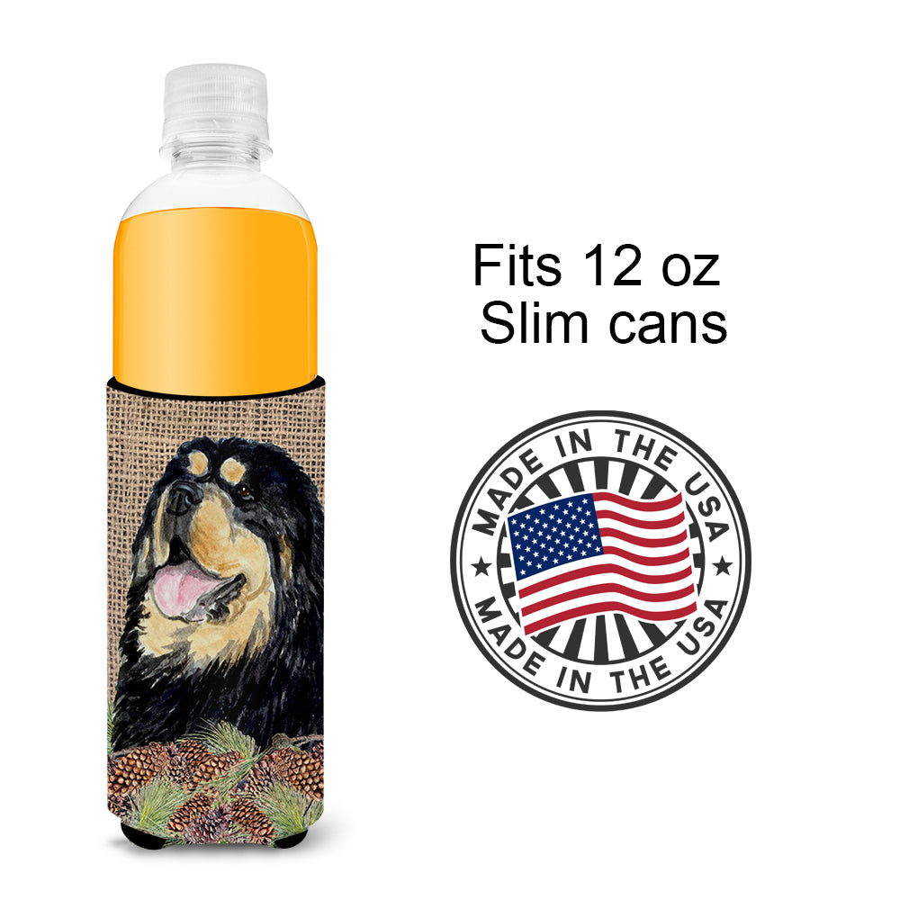 Tibetan Mastiff on Faux Burlap with Pine Cones Ultra Beverage Insulators for slim cans SS4101MUK.