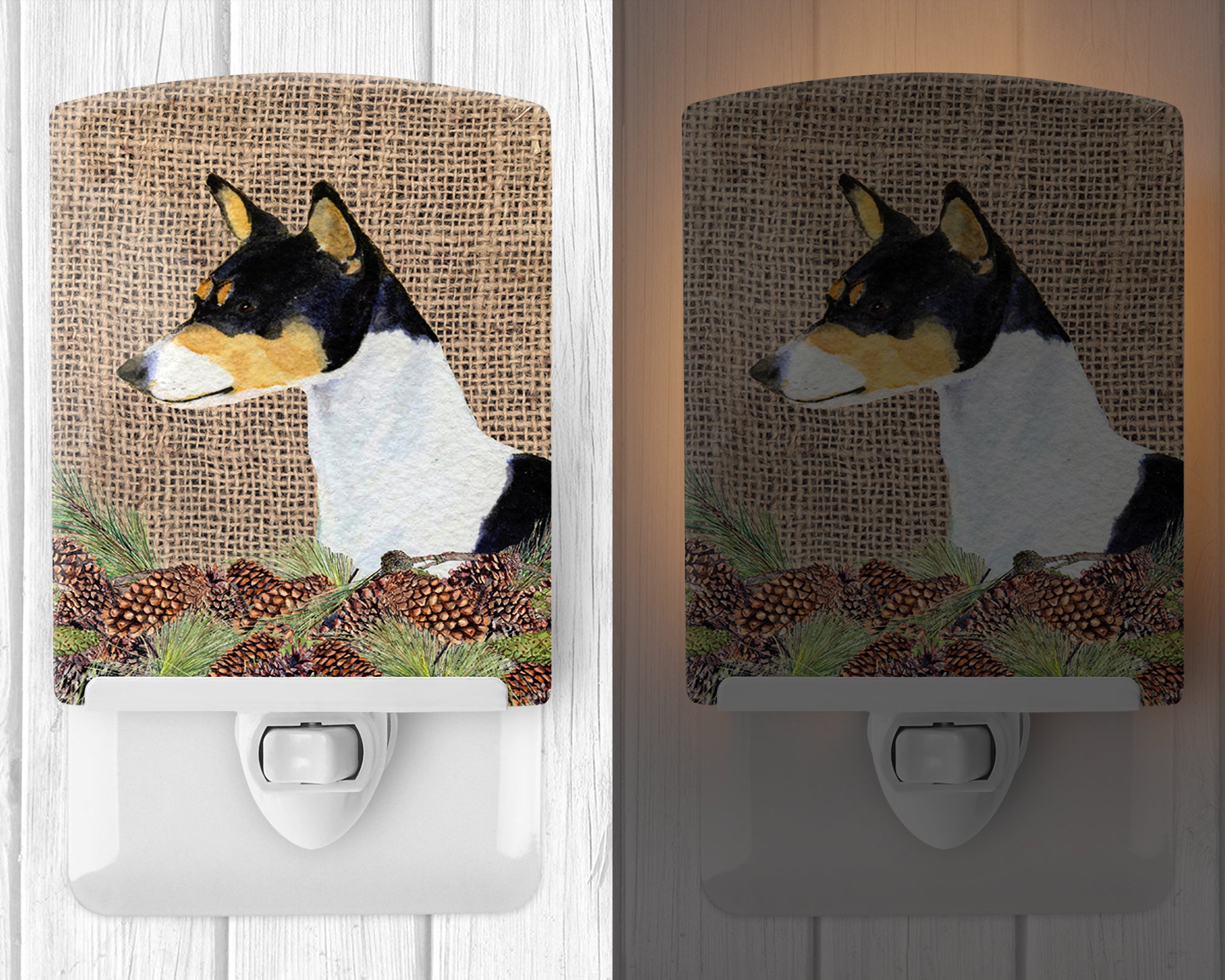 Basenji on Faux Burlap with Pine Cones Ceramic Night Light SS4103CNL - the-store.com