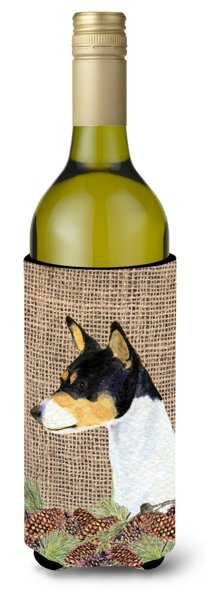 Basenji on Faux Burlap with Pine Cones Wine Bottle Beverage Insulator Beverage Insulator Hugger by Caroline&#39;s Treasures